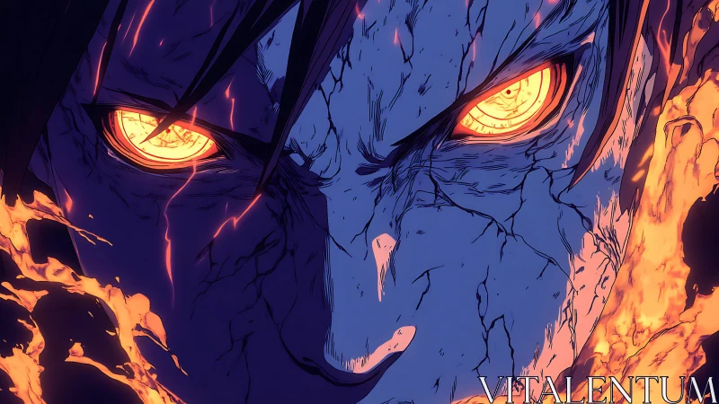 Close anime face with glowing orange eyes and rising flames.