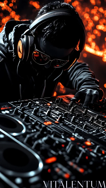 DJ operating illuminated mixing console in low key lighting.