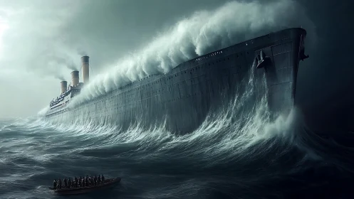 Doomed ocean liner towers over lifeboat amid violent storm