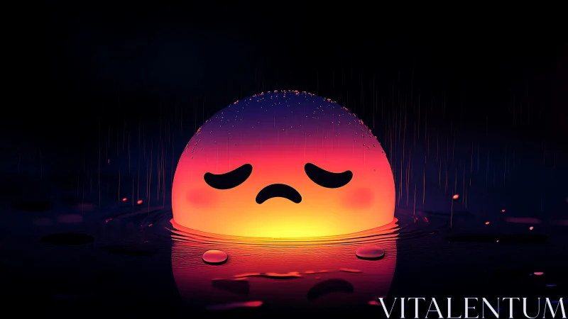 Glowing sad blob resting in the rain with gentle neon light.