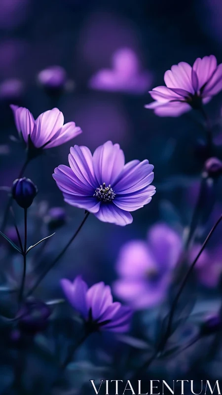 Purple Cosmos Flowers in Soft Focus Nocturnal Garden