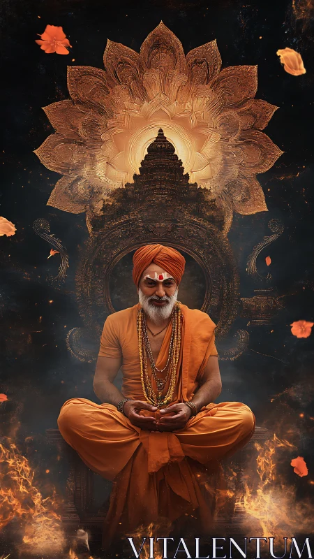 Mystic orange sage meditating before radiant temple mandala.