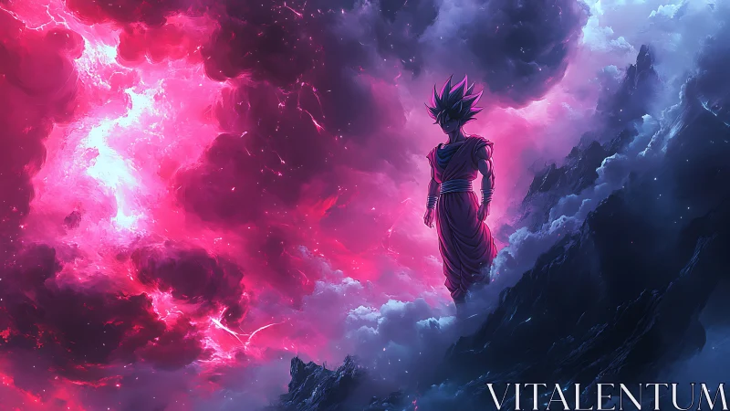 Saiyan warrior stands amid stormlit cosmic clouds