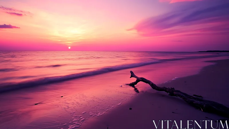 Vibrant sunset over tranquil beach with driftwood, surreal colors.