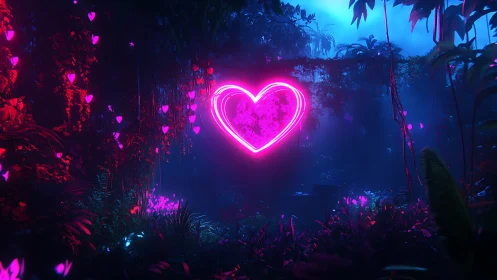 Neon pink heart glowing in dense tropical jungle night.