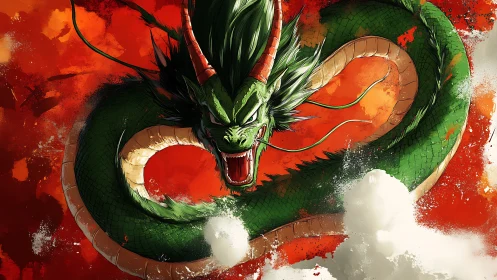 Emerald dragon coils through burning crimson storm sky.