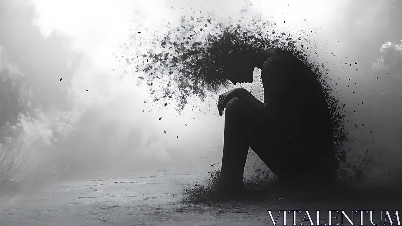 Silhouetted figure dissolves into dust amid gray void.