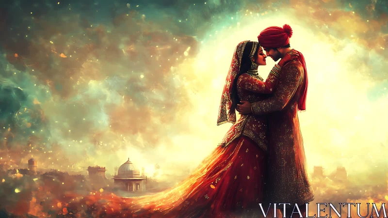 Couple in traditional attire positioned against luminous architectural backdrop