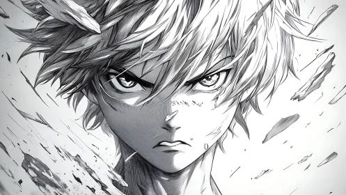 Monochrome anime portrait of determined young male fighter.
