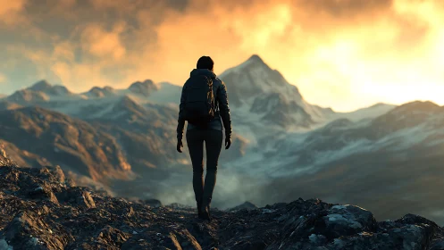 Cinematic alpine trekker silhouette at glowing sunrise horizon.