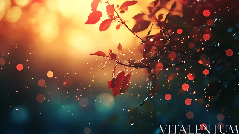 Glowing autumn leaves drift gently in warm evening light