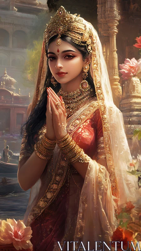 Golden temple maiden in scarlet silk blessing the riverbank.