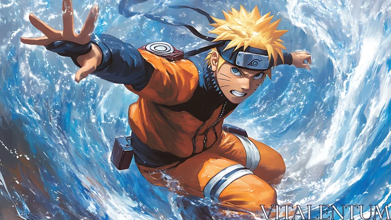 Dynamic anime warrior in orange gear amid swirling blue vortex