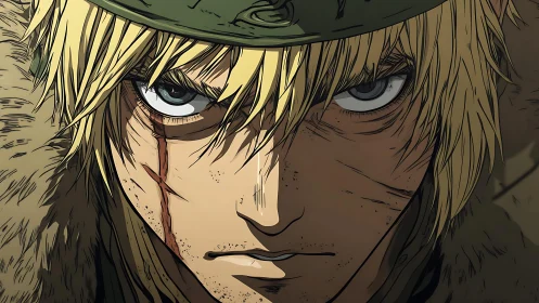 Battle-hardened anime warrior in hyper-detailed close-up portrait.