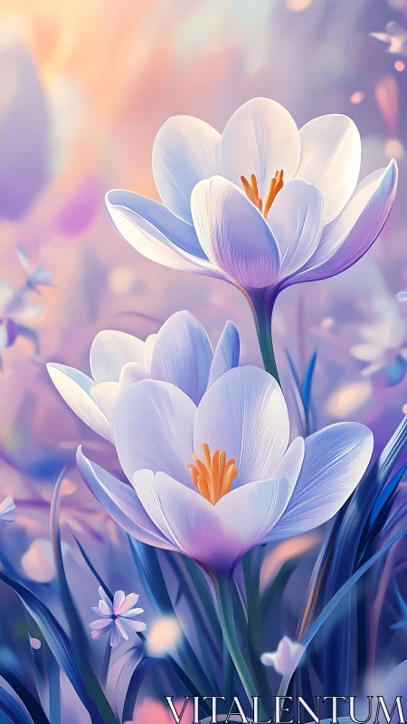 Luminous white crocus flowers blooming in pastel light.