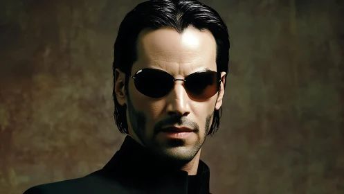 Matrix-styled cyber sentinel in noir-tinted sunglasses vigil.