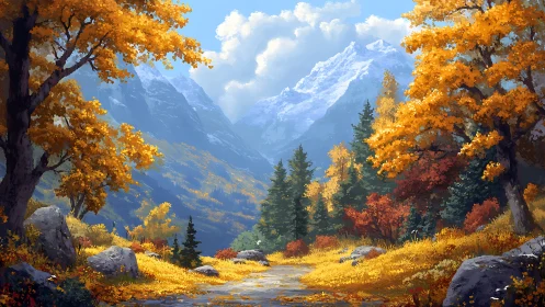 Autumn mountain valley path under bright clear sky.