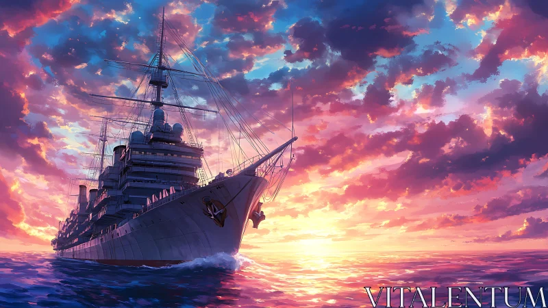 Sunset-illuminated warship advances under luminous stratiform clouds