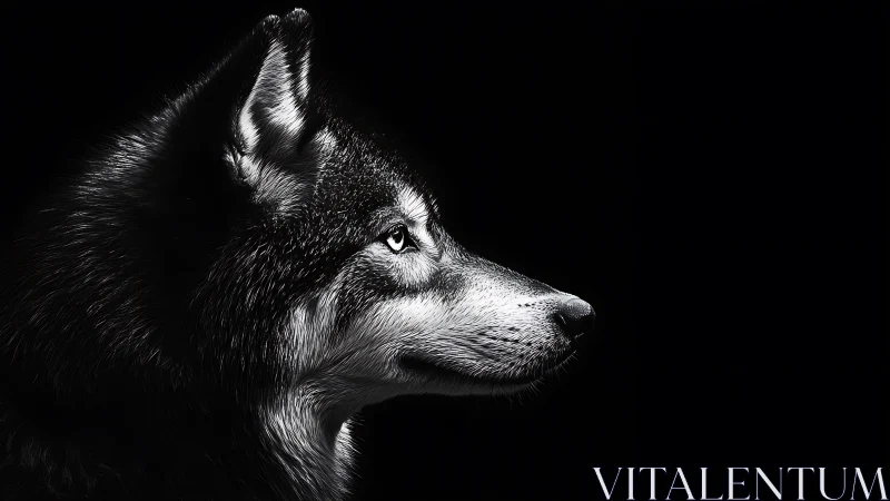 Silver-eyed wolf in quiet profile against deep night sky.