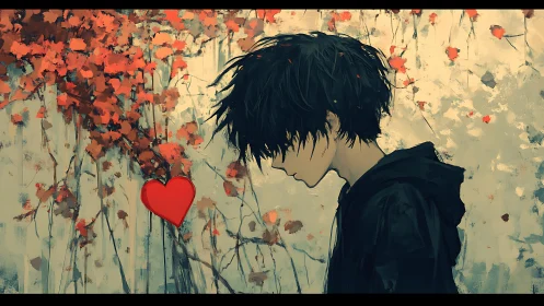 Side profile of solitary youth with red heart symbol overlay.