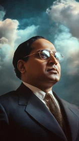 Dignified gentleman gazing upward beneath glowing clouds.