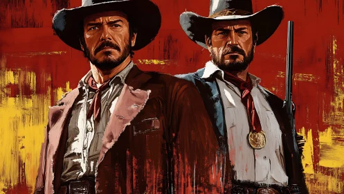 Two stern cowboys stand against bold red painted backdrop.