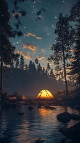 Starlit riverside campsite glowing softly under night sky.