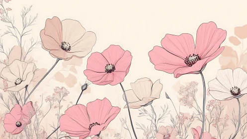 Botanical illustration depicting stylized flowers rendered in ink