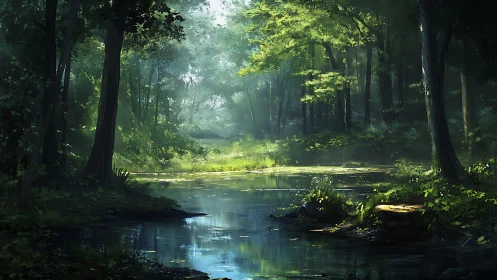 Forest Stream with Filtered Sunlight Through Canopy.