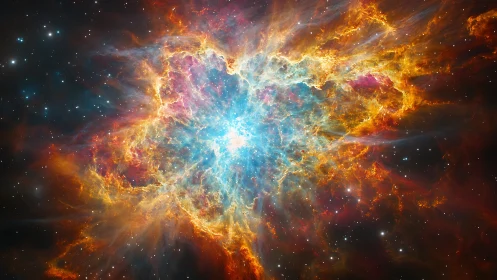 Stellar nebula erupts in vivid blue, orange, and red light.