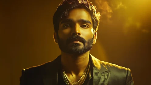 Bearded man in dramatic golden studio portrait lighting.