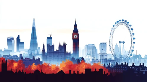 London skyline illustration with landmarks in cool tones.