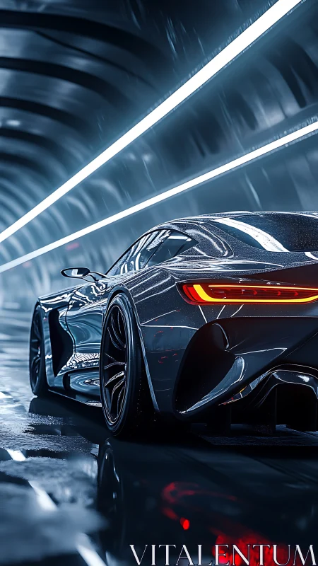 Sleek futuristic sports car in wet neon tunnel at night.