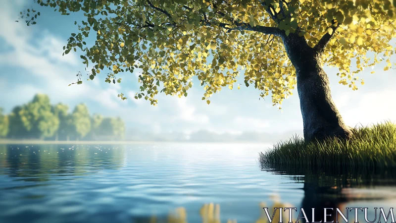 Digital painting of lakeside tree with luminous foliage focus.