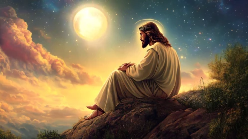 Gentle robed figure rests in moonlit heaven-kissed night