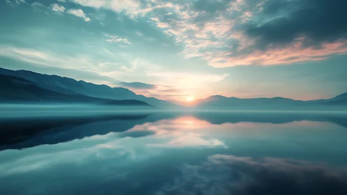 Symmetrical lake landscape with distant mountains at sunrise.