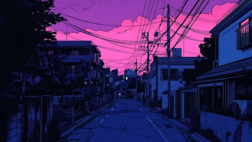 Neon dusk settles over a quiet suburban street in solitude