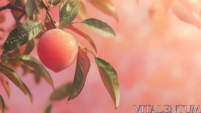 Ripe dewy peach hangs among sunlit leaves at sunrise