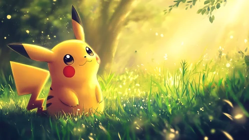 Pikachu basks in warm forest sunlight amid glowing grass