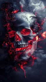 Digital painting of infernal skull in swirling crimson smoke.