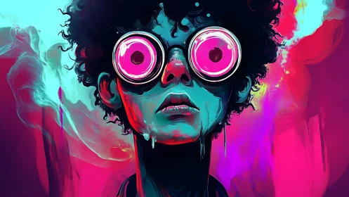 Neon surreal portrait with oversized optical discs and drips.