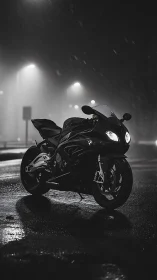 Sport motorcycle on wet night street under rain showers.