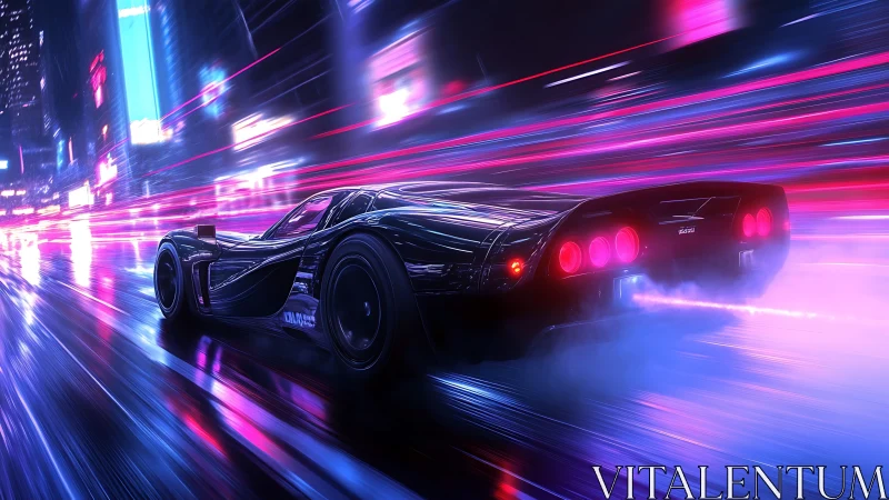 Neon storm supercar streaking through cybernetic midnight streets.