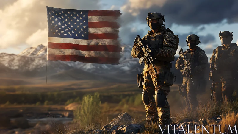 Armed soldiers stand near US flag in mountainous landscape
