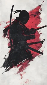 Blade-born shadow: ink-slashed samurai in red storm.