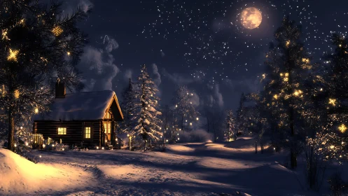 Moonlit winter cabin glows under starfilled night sky.