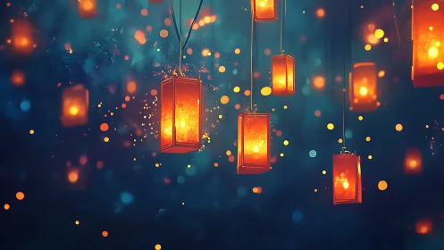 Floating lantern lights glow warmly against a dreamy night sky