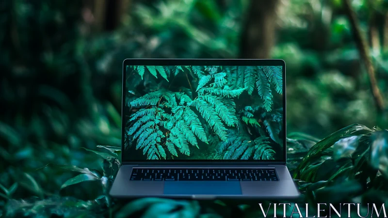Laptop with fern display integrates into dense rainforest environment