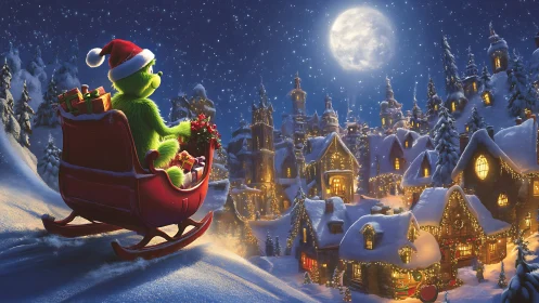 Whimsical green creature overlooking luminous snowy townscape.