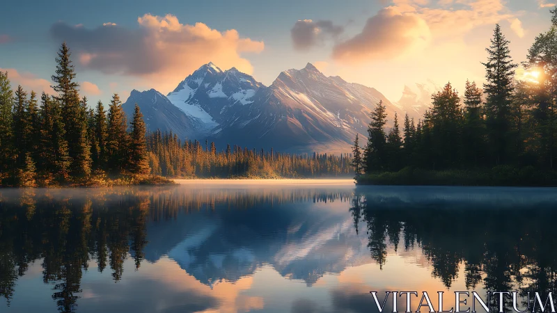Golden mountain lake sunrise with peaceful forest reflections.